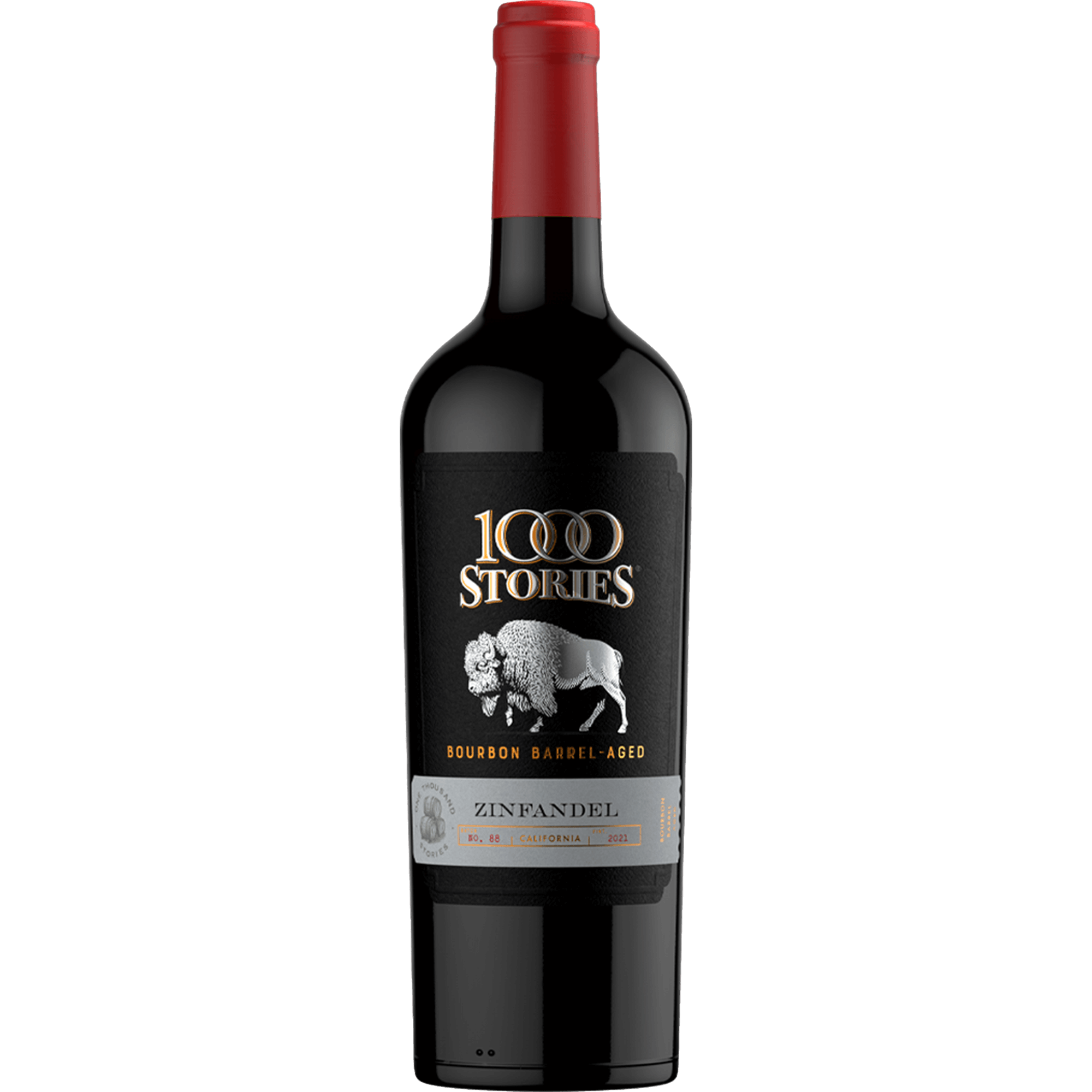 1000 Stories Bourbon Barrel Aged Zinfandel wine bottle with black label and red cap, showcasing unique flavors.