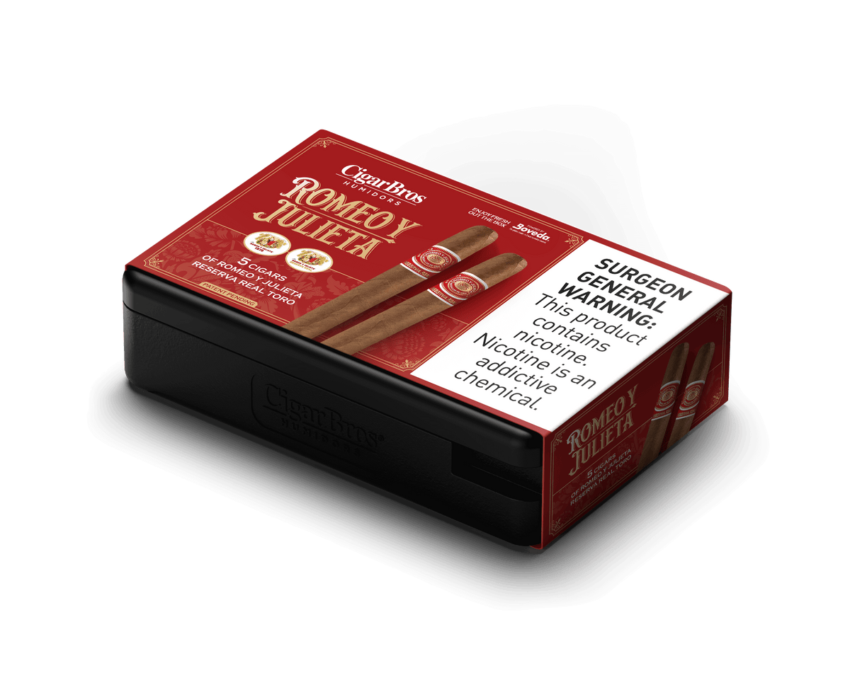 Romeo y Julieta Reserva Real cigar packaging by CigarBros showcasing elegance and premium quality.
