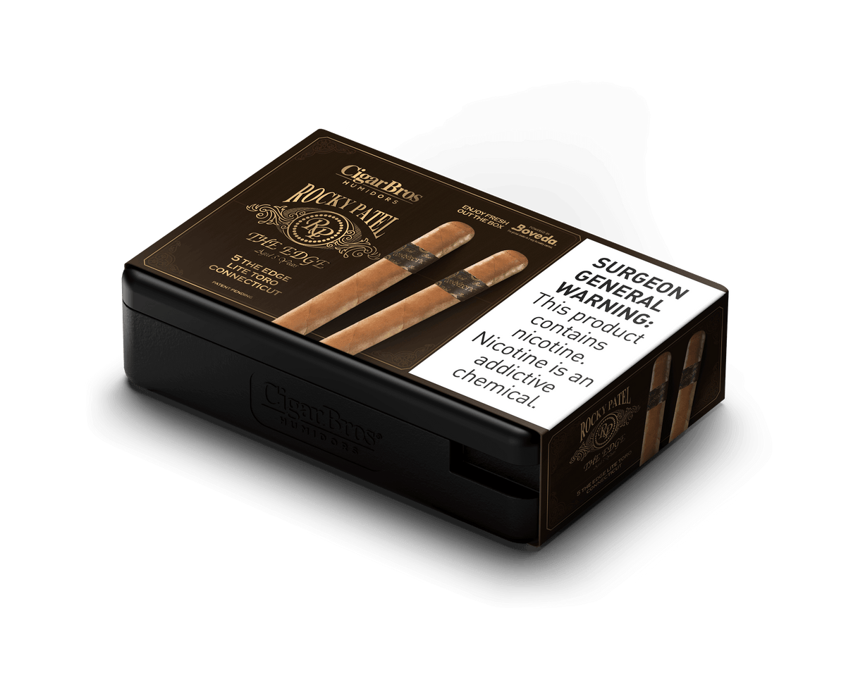 Rocky Patel Edge cigar box, showcasing bold flavors and craftsmanship, with surgeon general warning label.