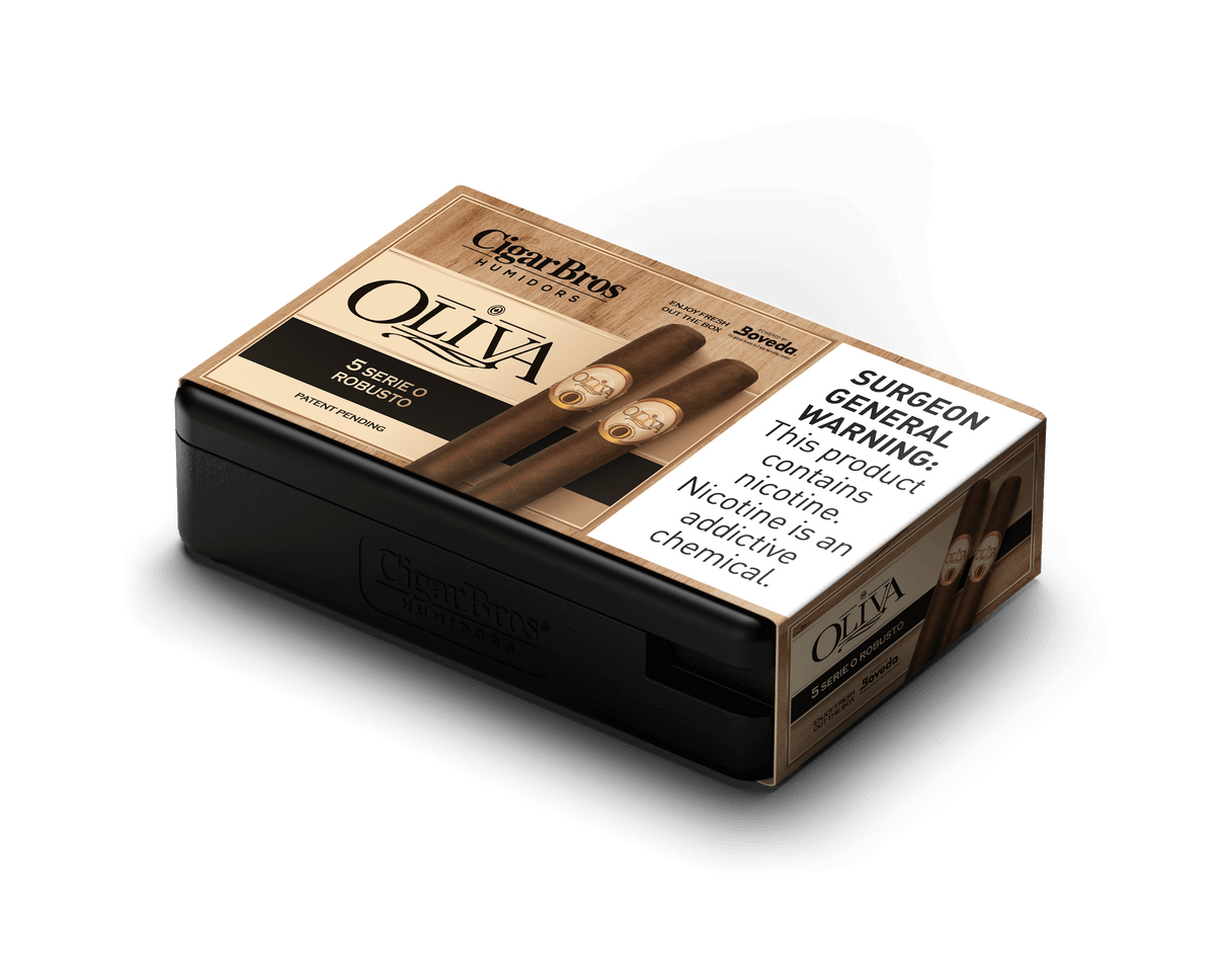 Oliva Serie O cigar box featuring Robusto and Toro sizes by CigarBros, highlighting Nicaraguan tobacco quality.