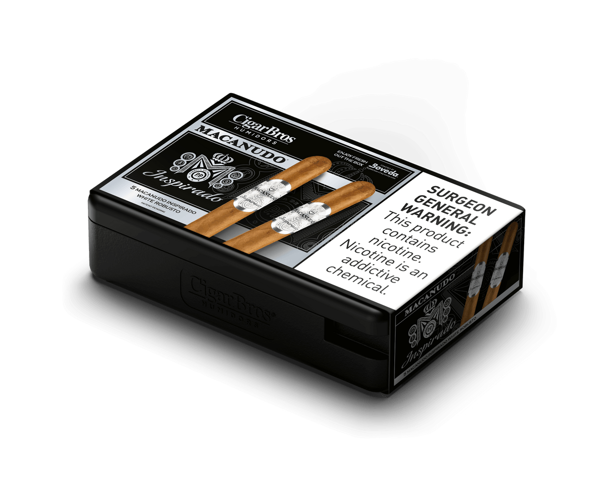 Macanudo Inspirado by CigarBros cigar box featuring premium cigars and health warnings.