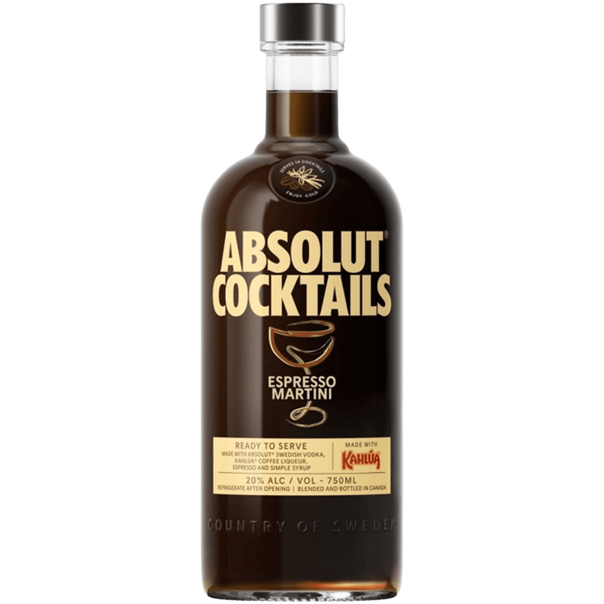 Bottle of Absolut Cocktails Espresso Martini, a ready-to-serve drink made with real espresso and Kahlúa.