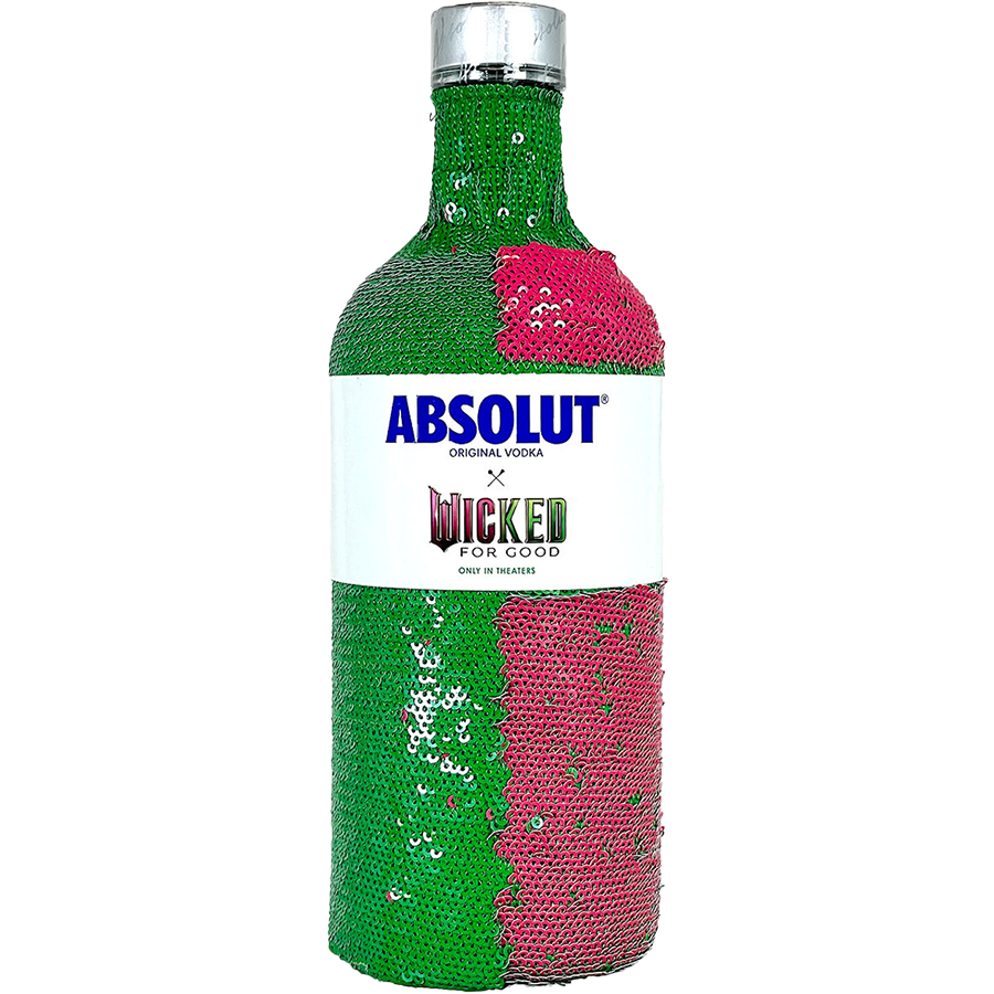 Absolut X Wicked Limited Edition Vodka in a sequin sleeve, showcasing pink and emerald green colors.