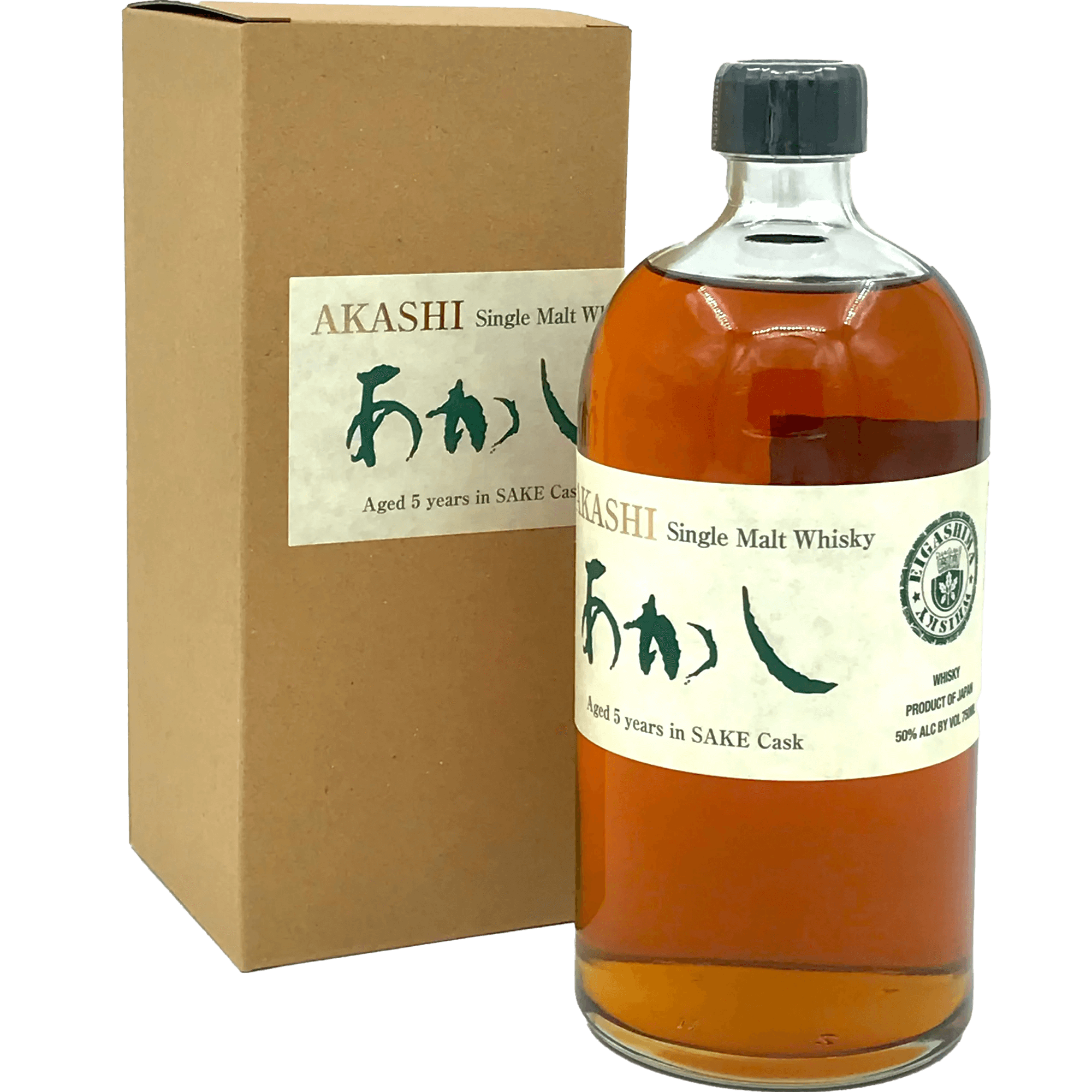 Akashi Single Malt Whisky aged 5 years in Sake Cask, showcasing rich amber color and elegant packaging.
