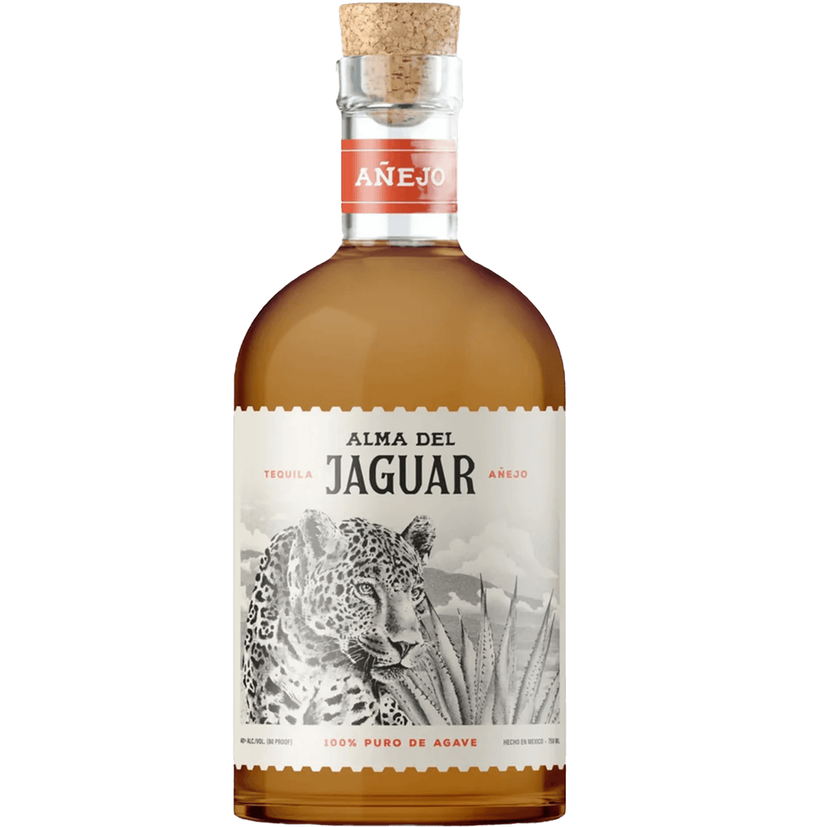 Alma del Jaguar Añejo Tequila bottle showcasing its rich amber color and distinct leopard label design.