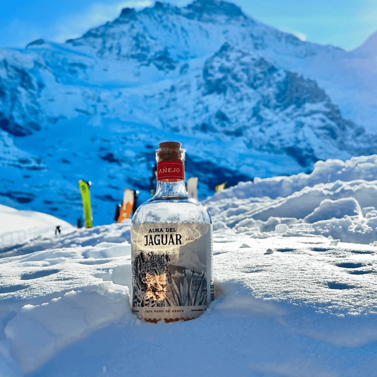 Alma del Jaguar Añejo Tequila bottle in snow with majestic mountains in the background, showcasing its bold craftsmanship.