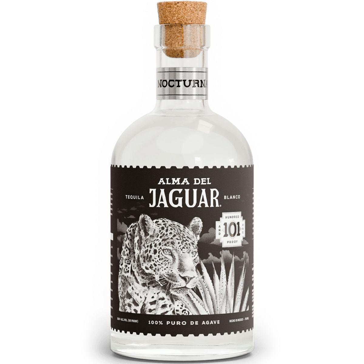 Alma del Jaguar Nocturna High Proof Blanco Tequila bottle, 101 proof, made from blue weber agave, featuring jaguar design.