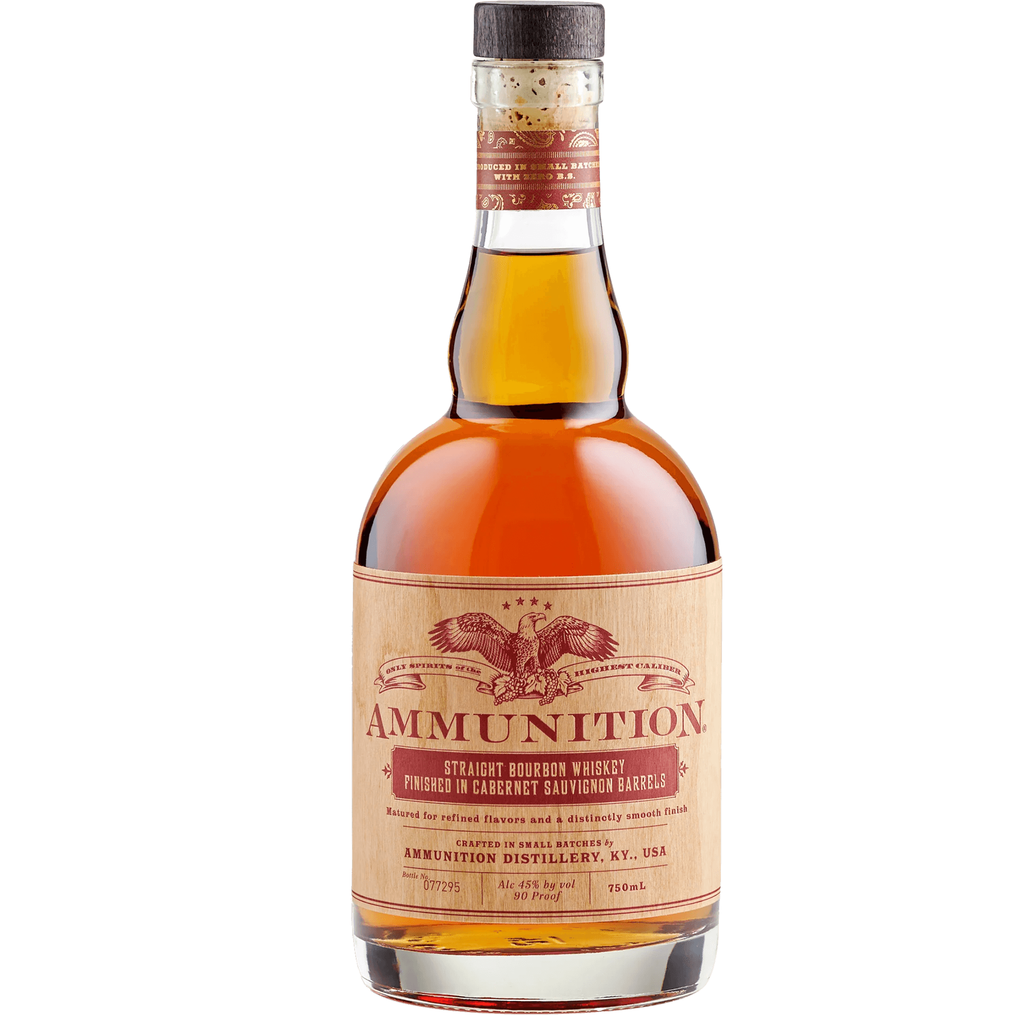 Ammunition Straight Bourbon Whiskey bottle, aged 3-4 years and finished in Cabernet Sauvignon barrels.