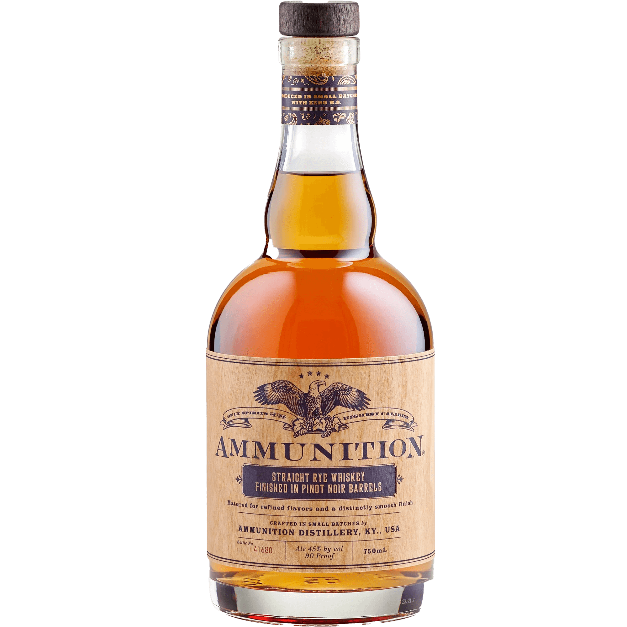 Ammunition Straight Rye Whiskey bottle, aged 4 years, finished in Pinot Noir barrels for a smooth, unique flavor.