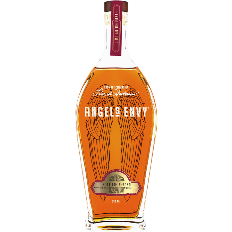 Angel’s Envy Cask Strength Bottled In Bond Bourbon in a uniquely shaped glass bottle with golden hue.