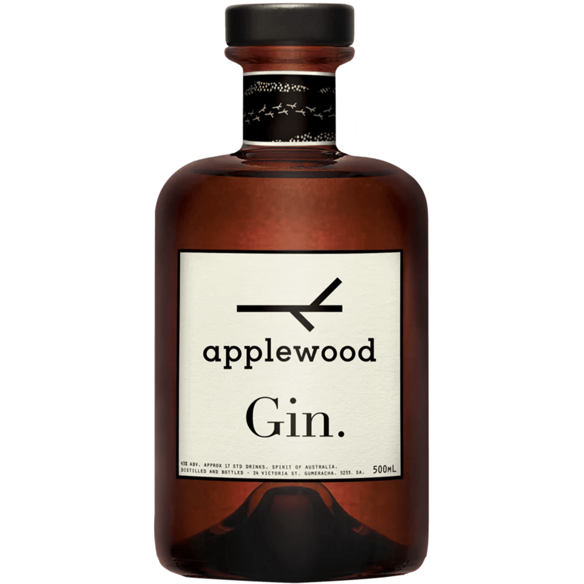 Applewood Australian Gin bottle with elegant label, showcasing unique dry gin featuring native citrus and eucalypt notes.