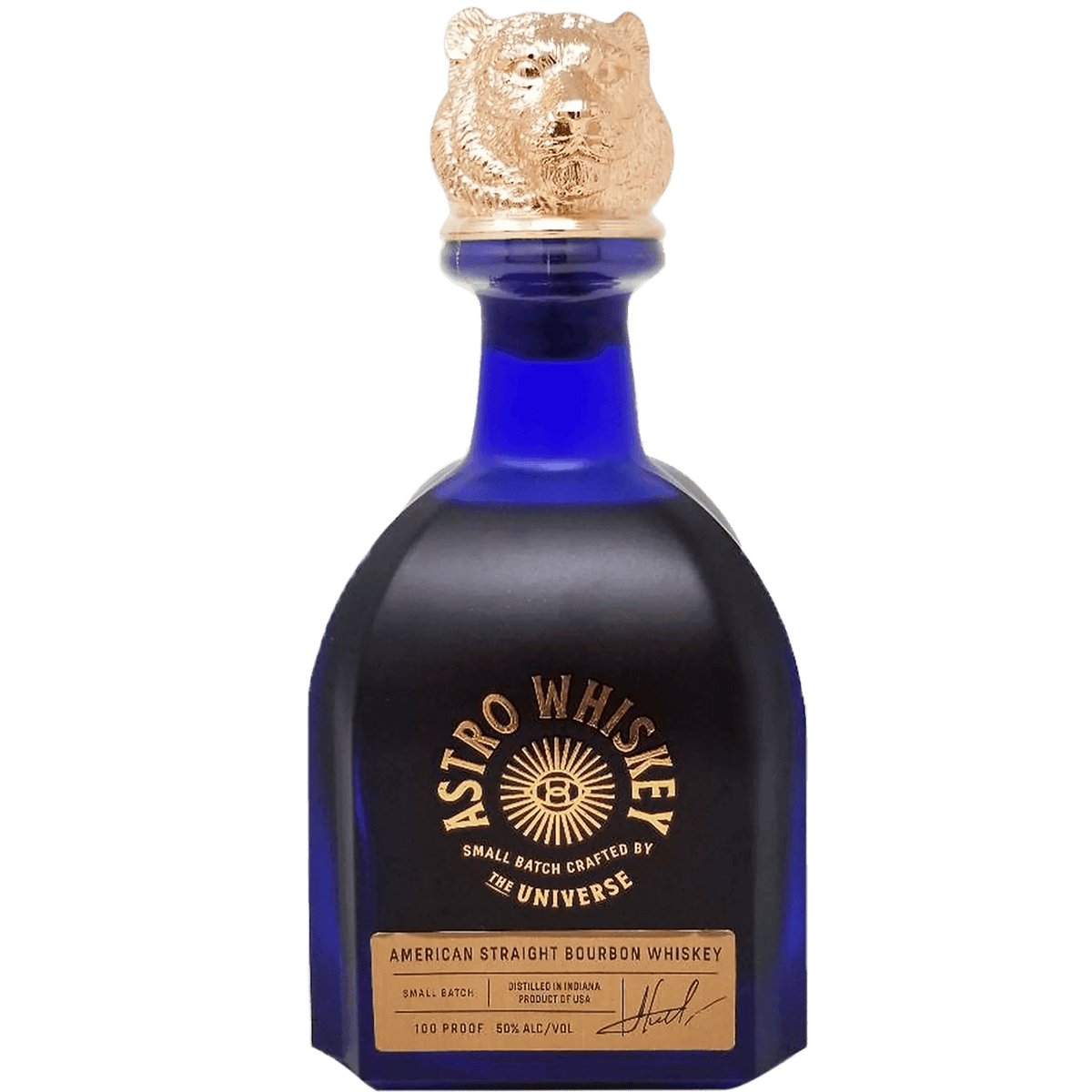 Astro American Straight Bourbon bottle with unique blue design and bear cap, showcasing celestial-themed whiskey.