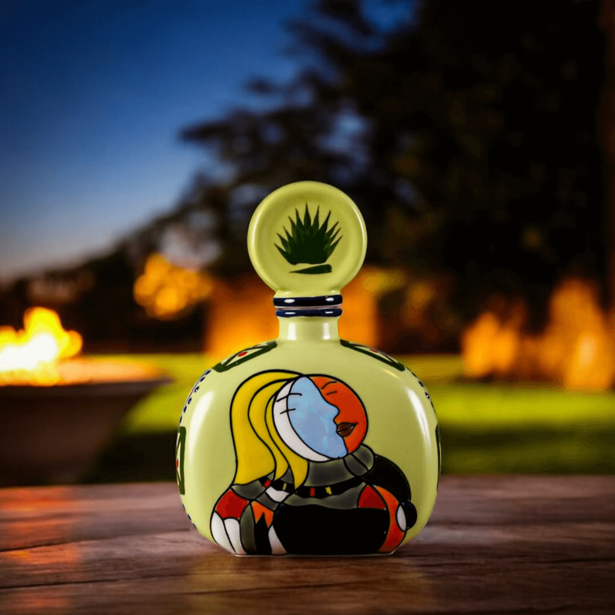 Hand-painted Añejo Green Tequila bottle from Azulejos Masterpiece Collection, featuring vibrant art and agave design.