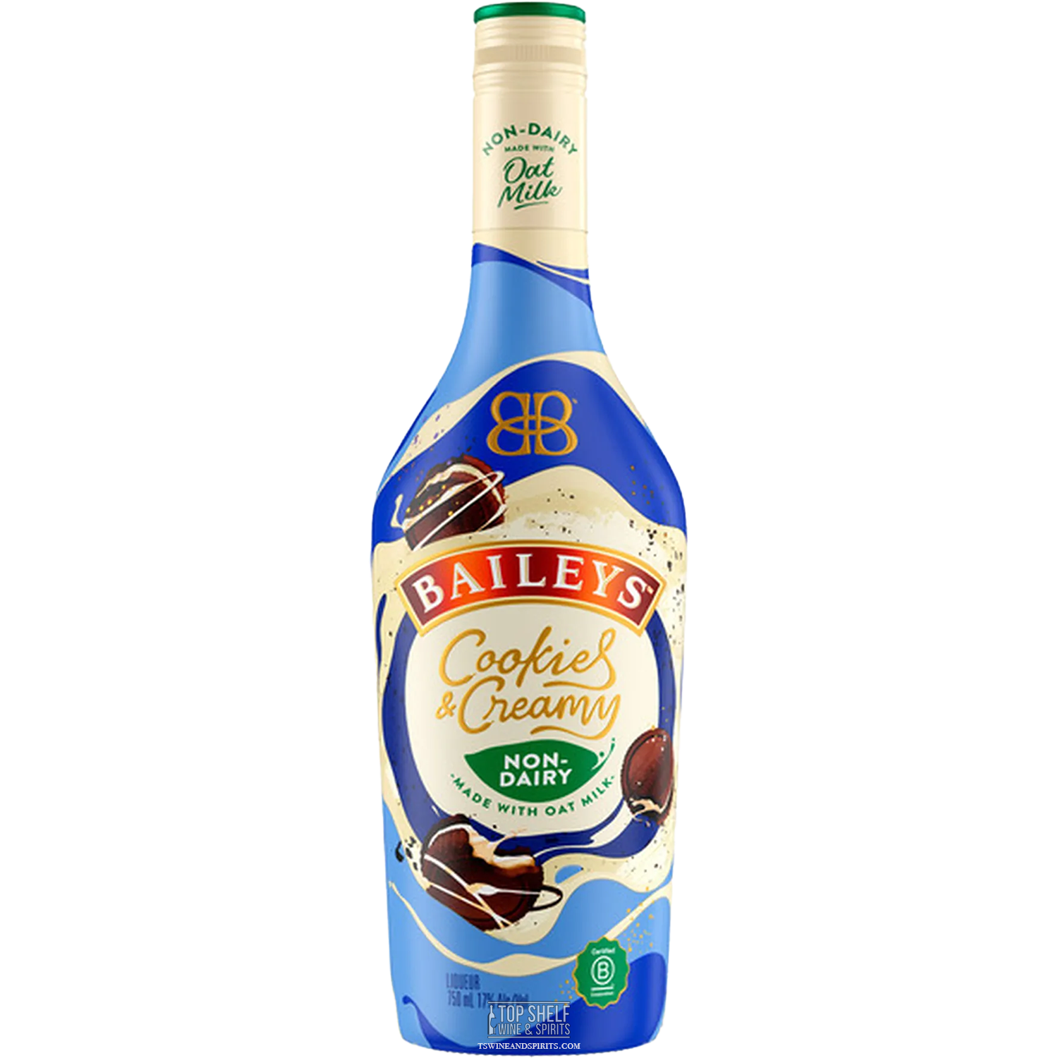 Baileys Cookies & Creamy Non-Dairy Liqueur bottle with oat milk, featuring chocolatey cookie and vanilla flavors.
