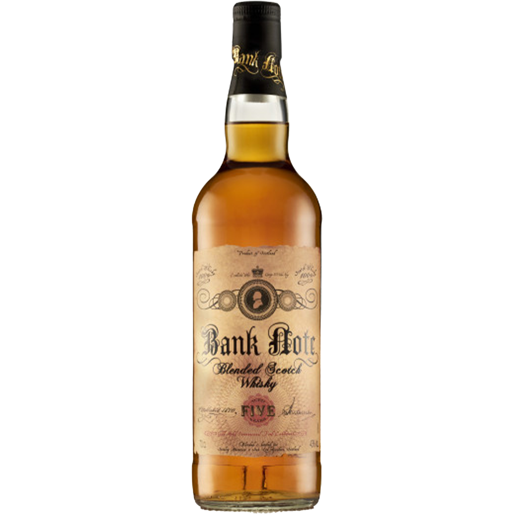 Bottle of Bank Note 5 Year Blended Whisky showcasing its distinctive label and rich amber color.
