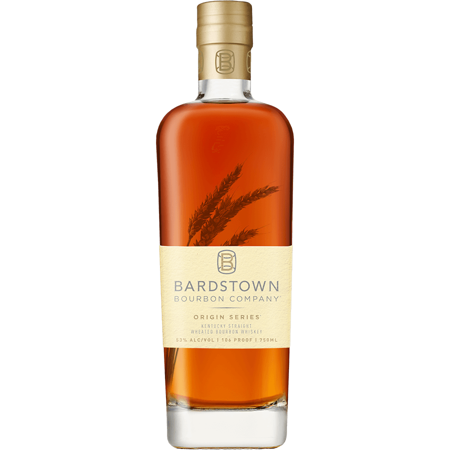 Bardstown Origin Series Wheated Bourbon, 106 proof, showcasing a rich amber color and wheat accents on the label.