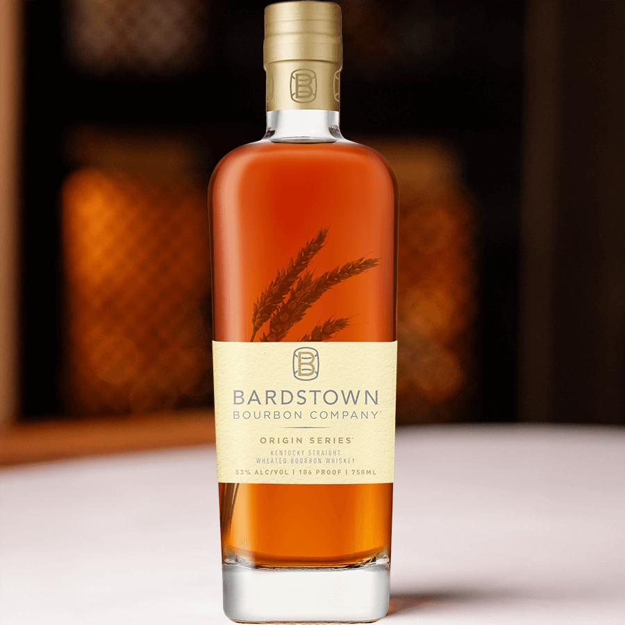 Bardstown Origin Series Wheated Bourbon bottle showcasing 39% wheat mashbill, 106 proof, with warm amber color.