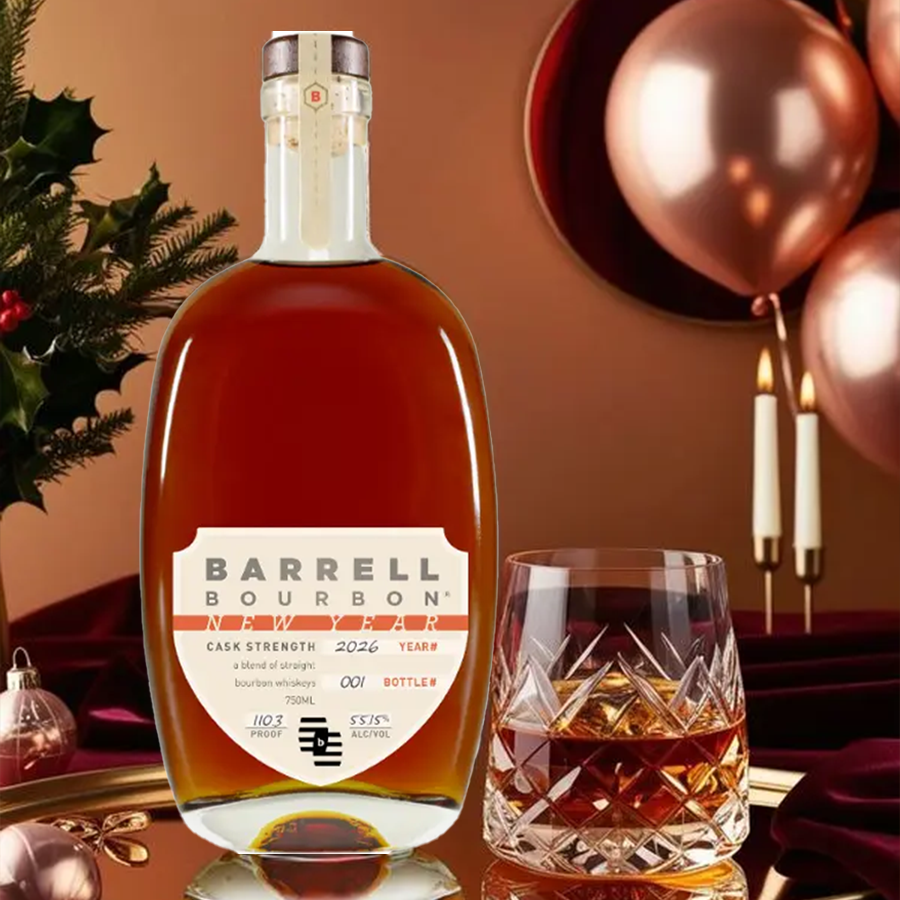Barrell Bourbon 2026 limited edition bottle with glass against festive backdrop.