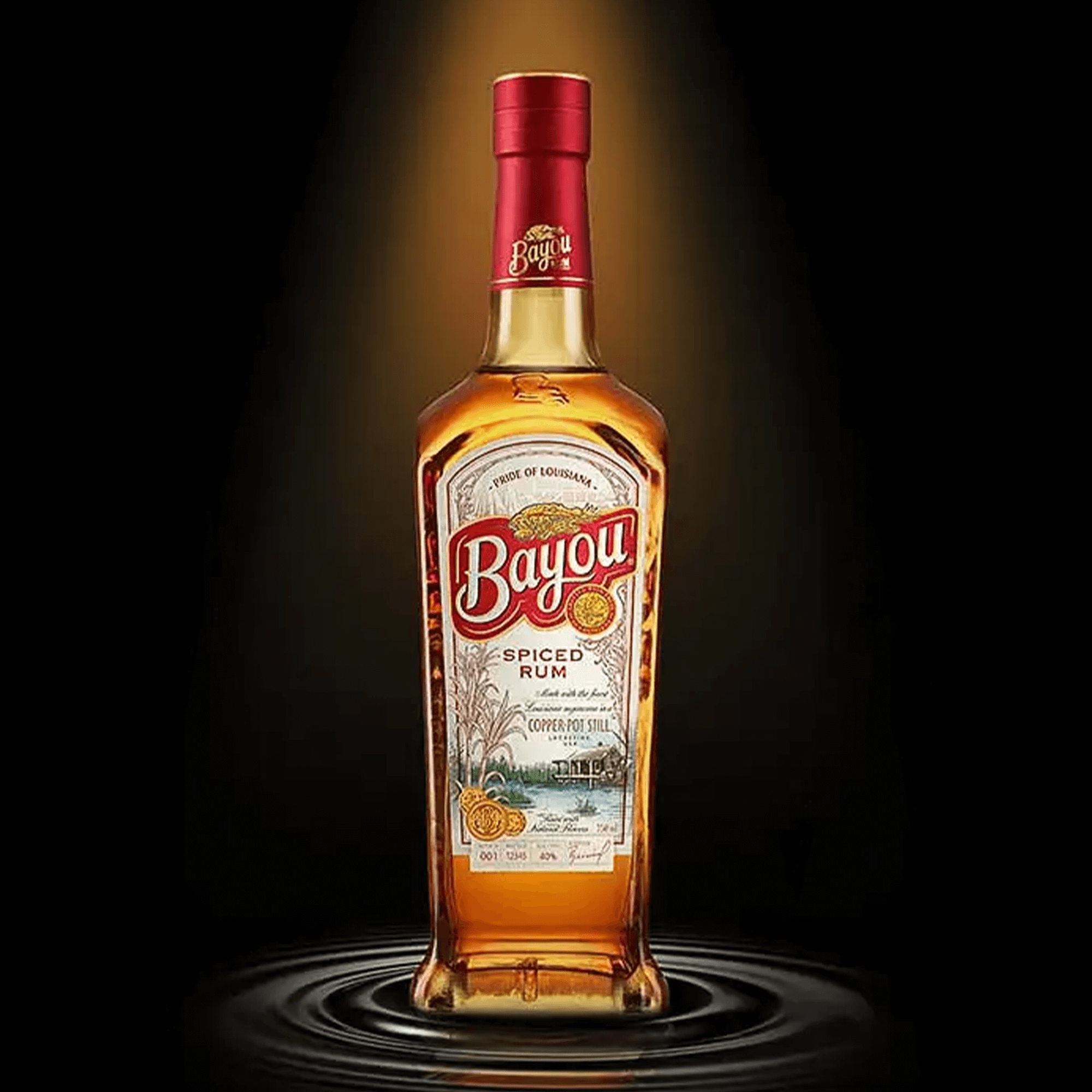 Bayou Spiced Rum bottle on a dark background, showcasing its amber color and iconic label.
