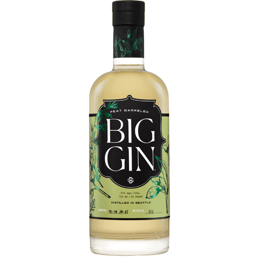 Peat Barreled Big Gin bottle with earthy flavor notes, aged in Ardbeg and Laphroaig barrels, distilled in Seattle.