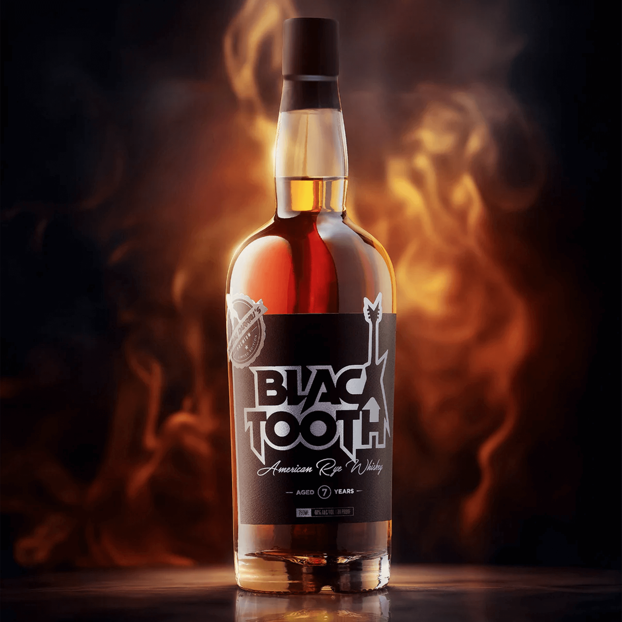 Blacktooth 7 Year American Rye Whiskey bottle, showcasing premium craftsmanship and rich flavor in a fiery atmosphere.
