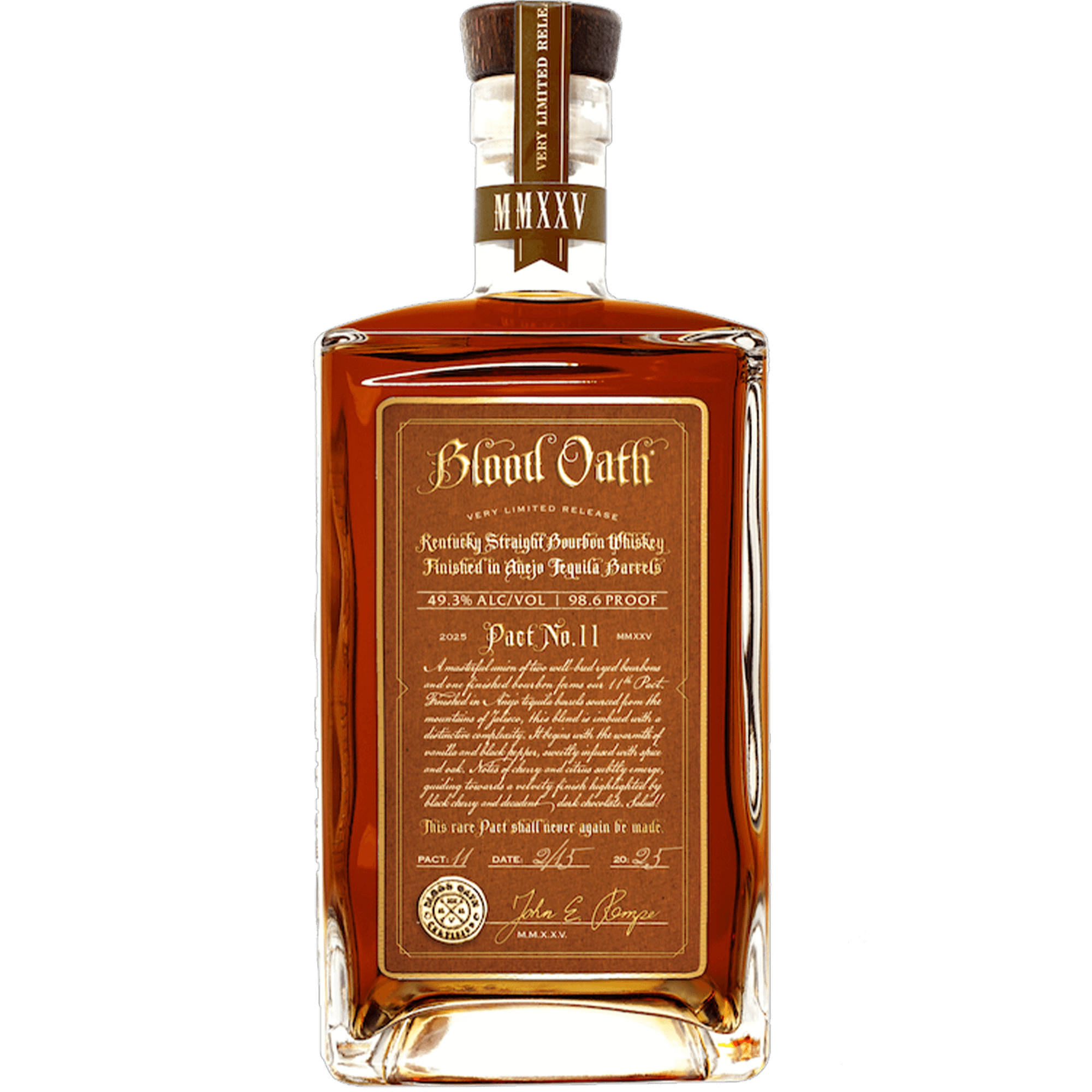 Blood Oath Pact No. 11 Limited Edition bourbon bottle, showcasing rich amber color and intricate label design.