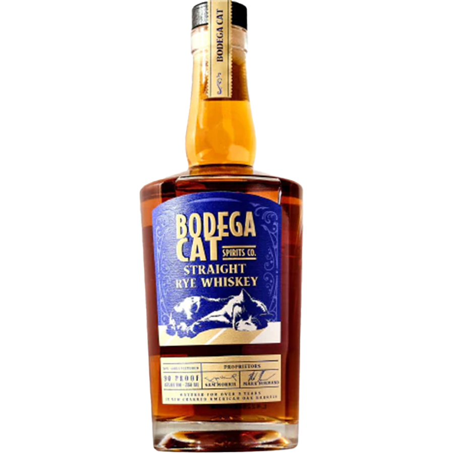 Bottle of Bodega Cat Straight Rye Whiskey with vibrant label showcasing the brand and product details.