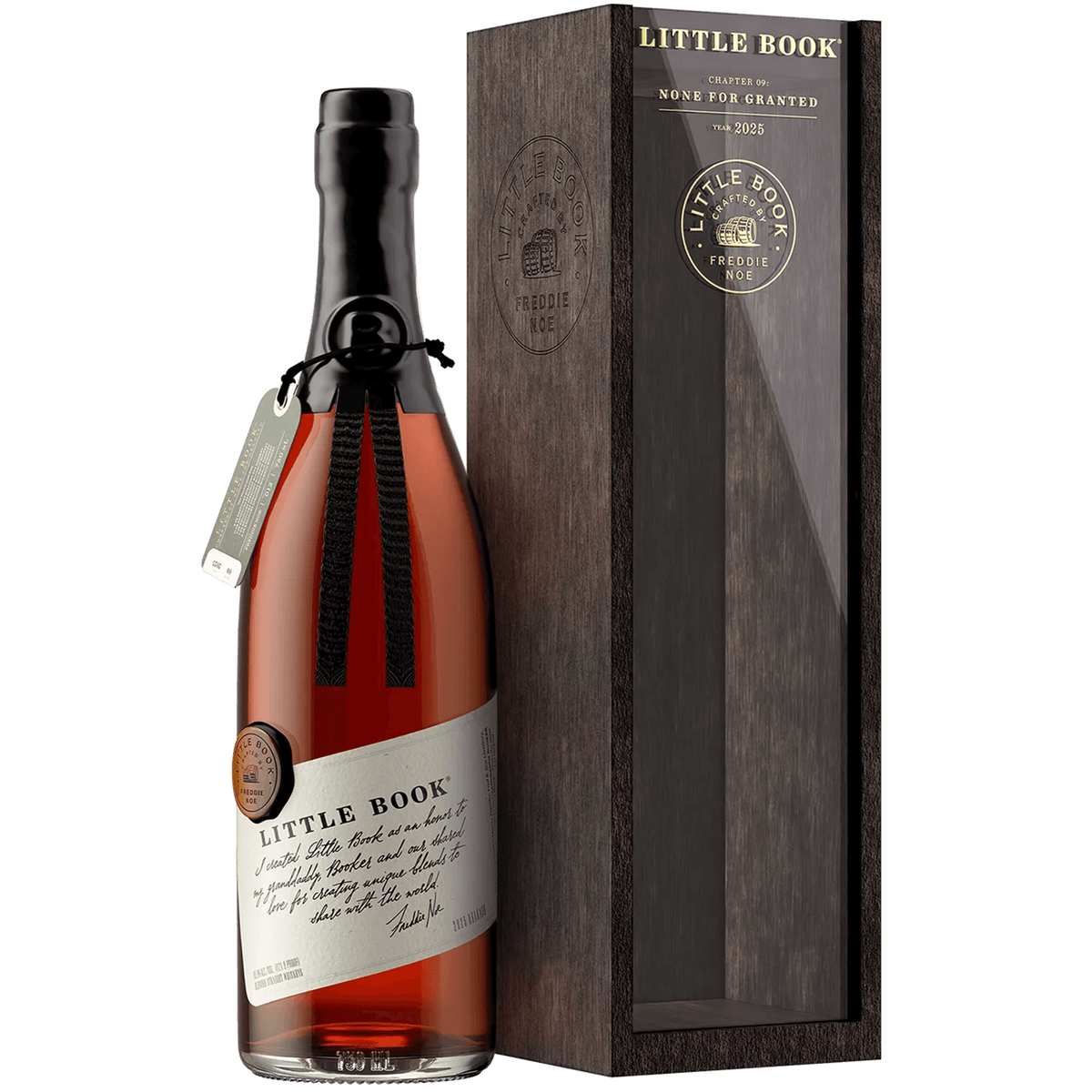 Little Book Chapter 9: None for Granted whiskey bottle with wooden box packaging.