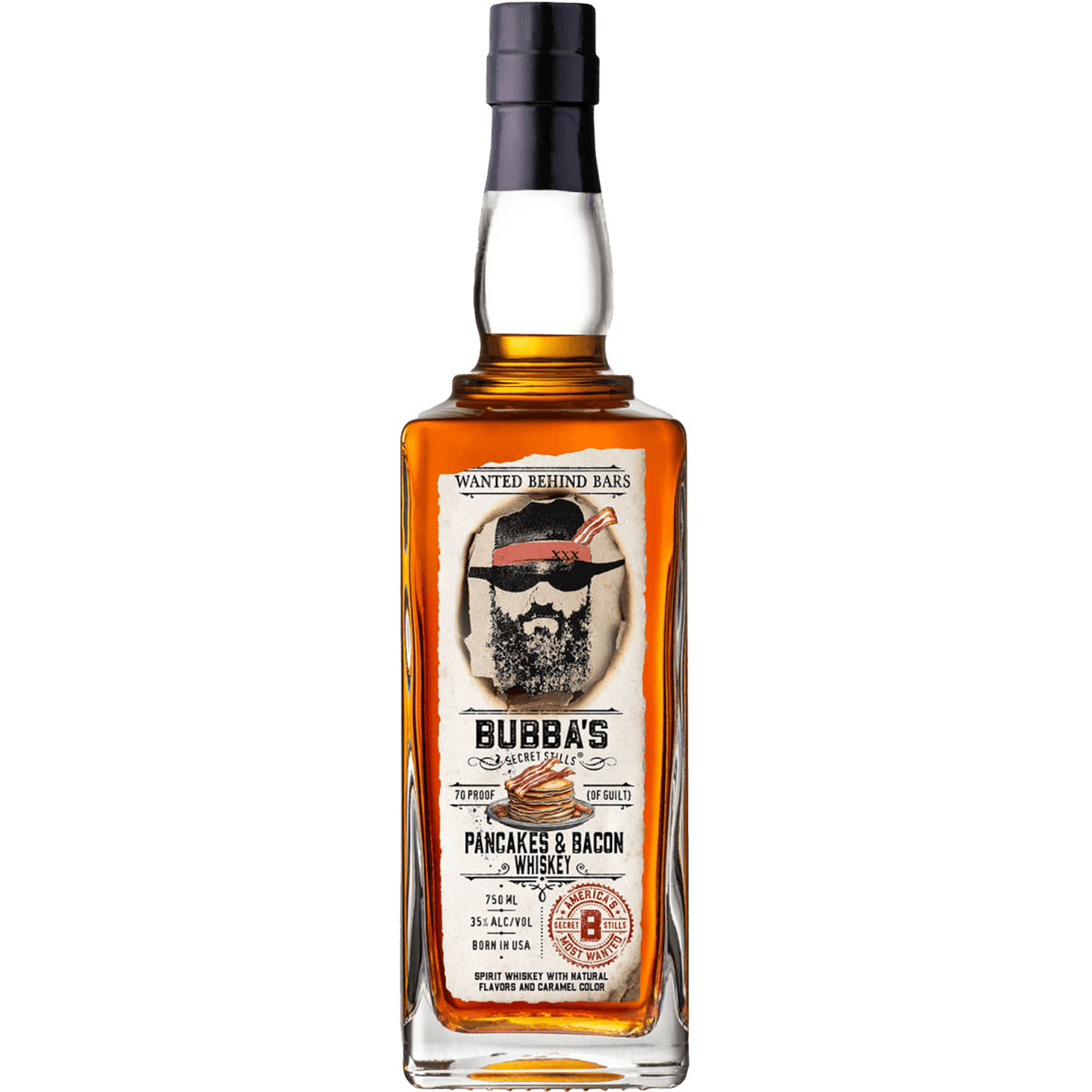 Bubba's Secret Stills Pancakes and Bacon Whiskey bottle with vintage label, 70 proof, 35% ABV, perfect for game day.
