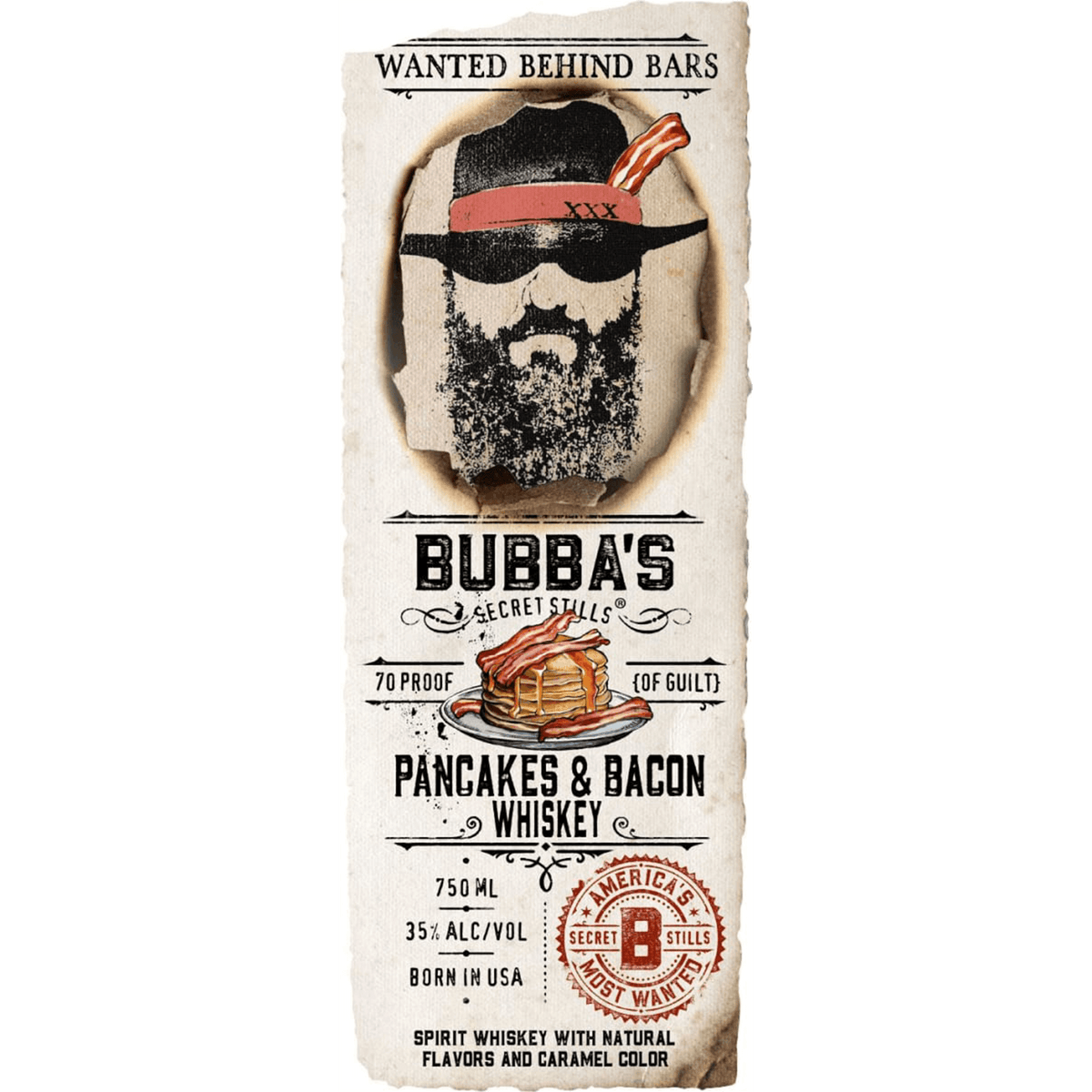 Bubba's Secret Stills Pancakes & Bacon Whiskey label featuring a wanted poster design with pancakes and bacon.