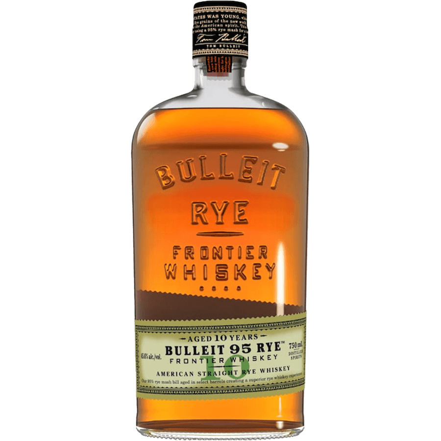 Bulleit 95 Rye 10 Year Frontier Whiskey bottle showcasing rich amber color and classic labeling.