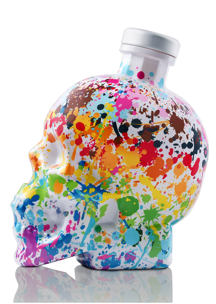 Crystal Head Vodka Pride Edition bottle with vibrant paint splatter design celebrating LGBTQ+ community empowerment.