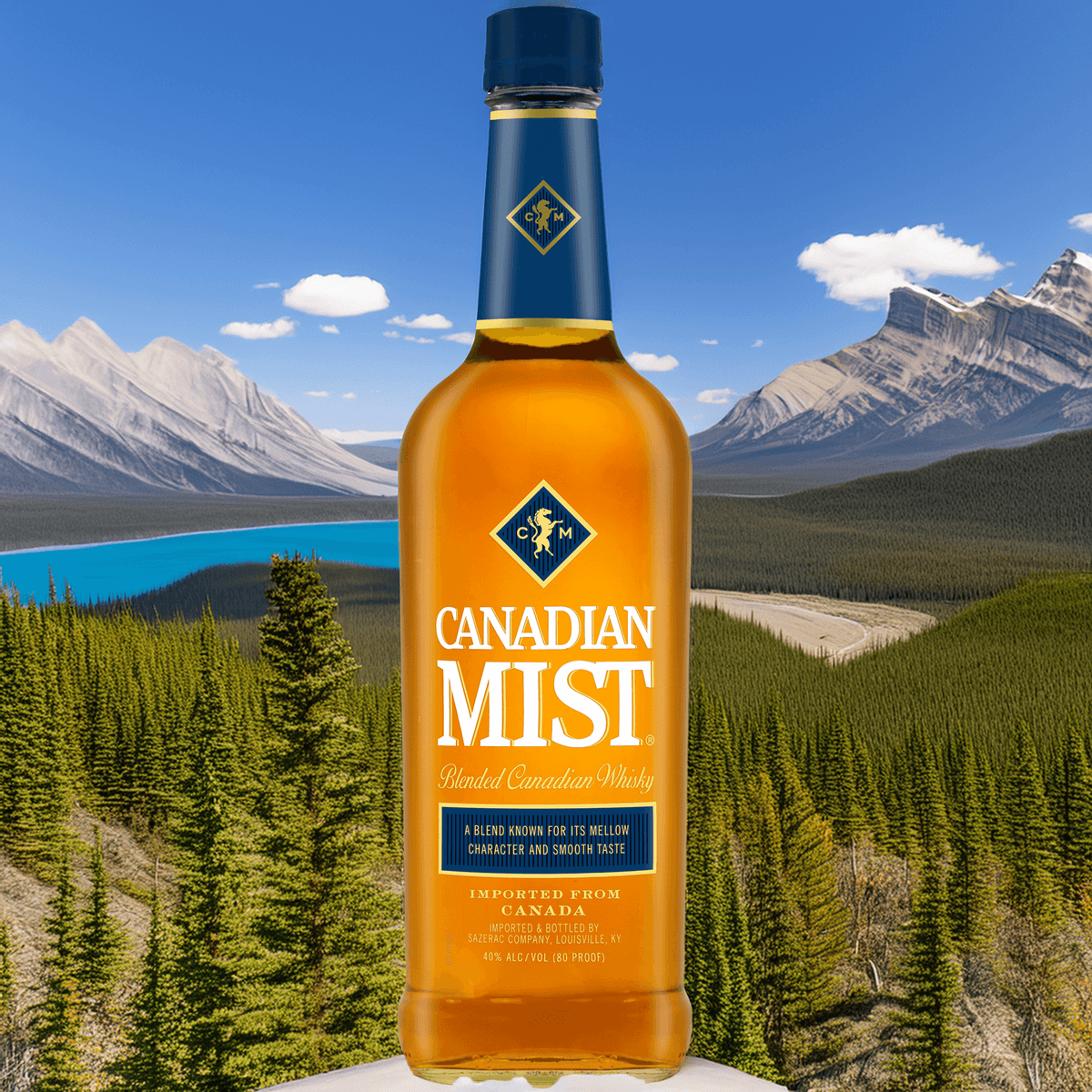 Canadian Mist Blended Canadian Whisky bottle against a scenic background of mountains and forest in Canada.