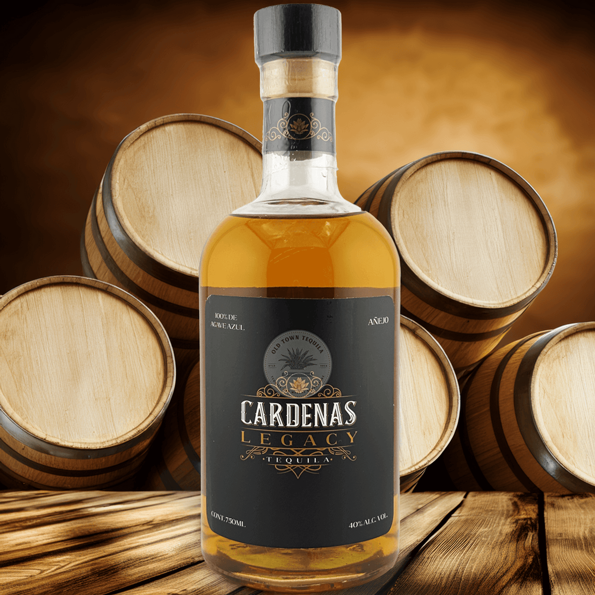 Cardenas Legacy Añejo Tequila bottle with oak barrels, showcasing premium small-batch craftsmanship and rich amber color.