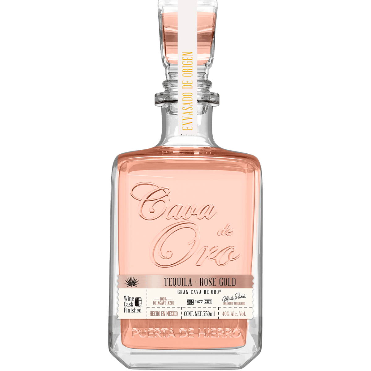 Cava de Oro Rose Gold Tequila bottle showcasing its bright pink color and elegant packaging with tasting notes.