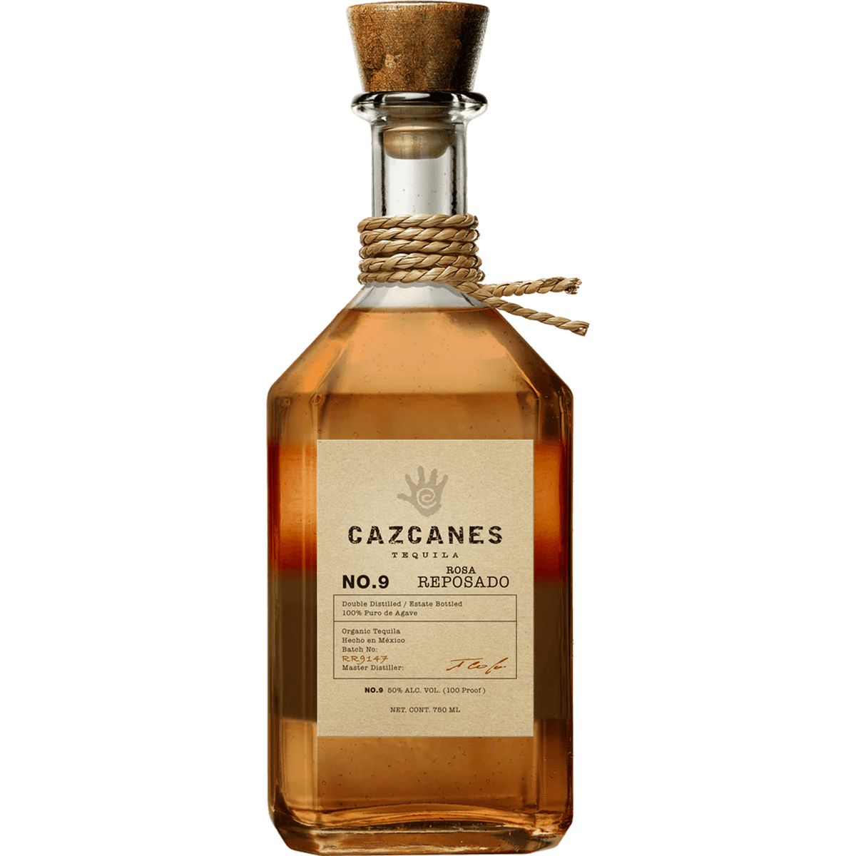 Cazcanes No. 9 Rosa Reposado Tequila bottle with elegant label, showcasing its smooth, complex flavors and 100 proof.