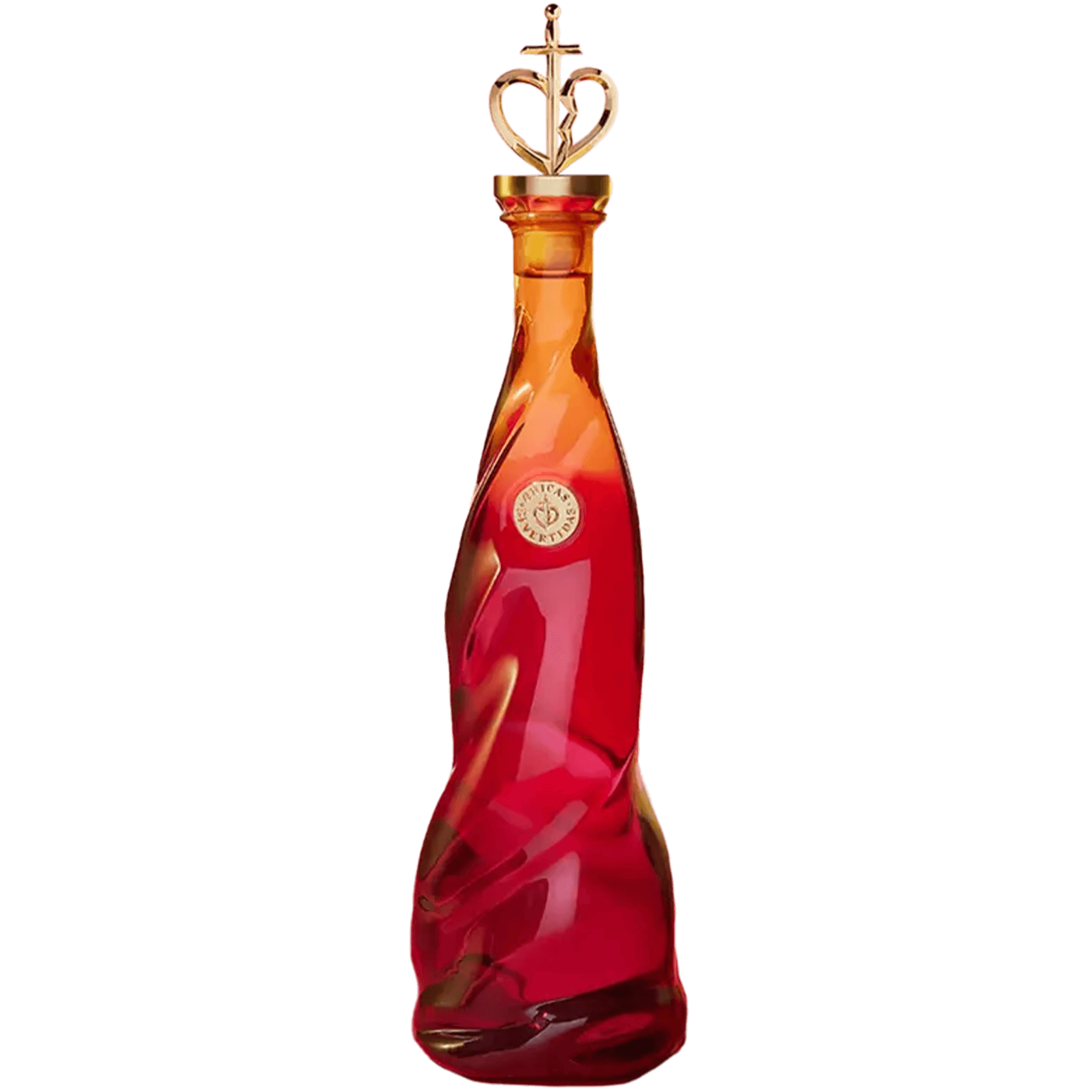 Chicas Divertidas Blanco Tequila bottle with a crown top, showcasing a vibrant amber and red design.