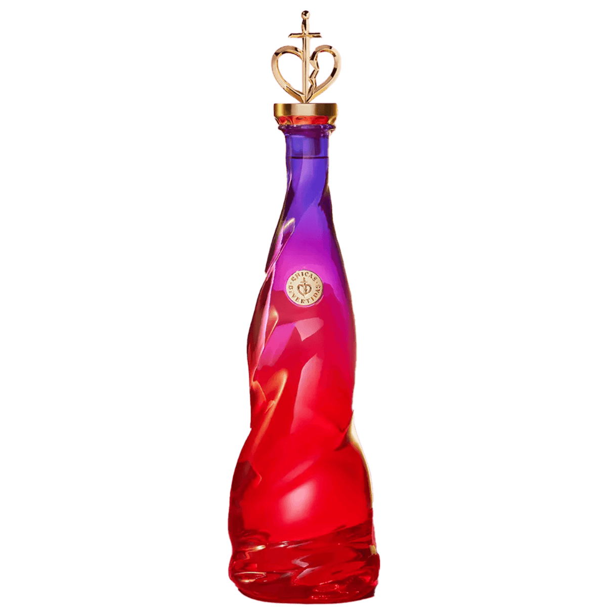 Chicas Divertidas Reposado Tequila bottle with a crown, featuring vibrant red and purple colors, showcasing elegance and fun.