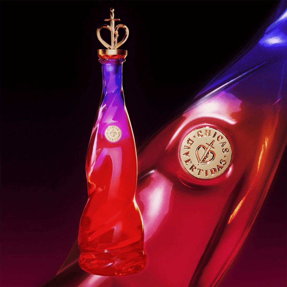 Chicas Divertidas Reposado tequila bottle with a unique crown design and vibrant colors, showcasing its premium quality.
