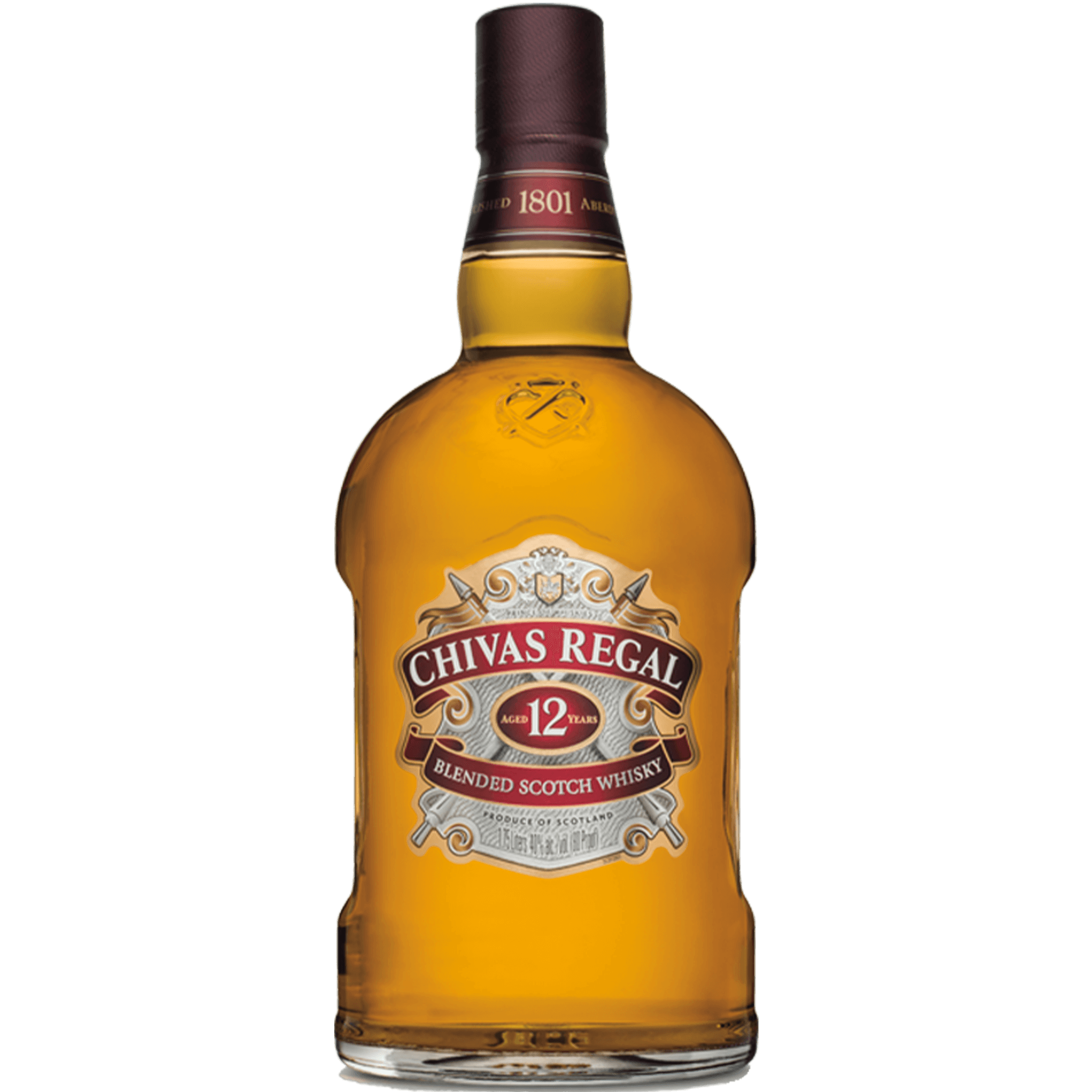 Chivas Regal 12 Year Blended Scotch Whiskey 1.75L bottle showcasing its premium golden hue and elegant label.