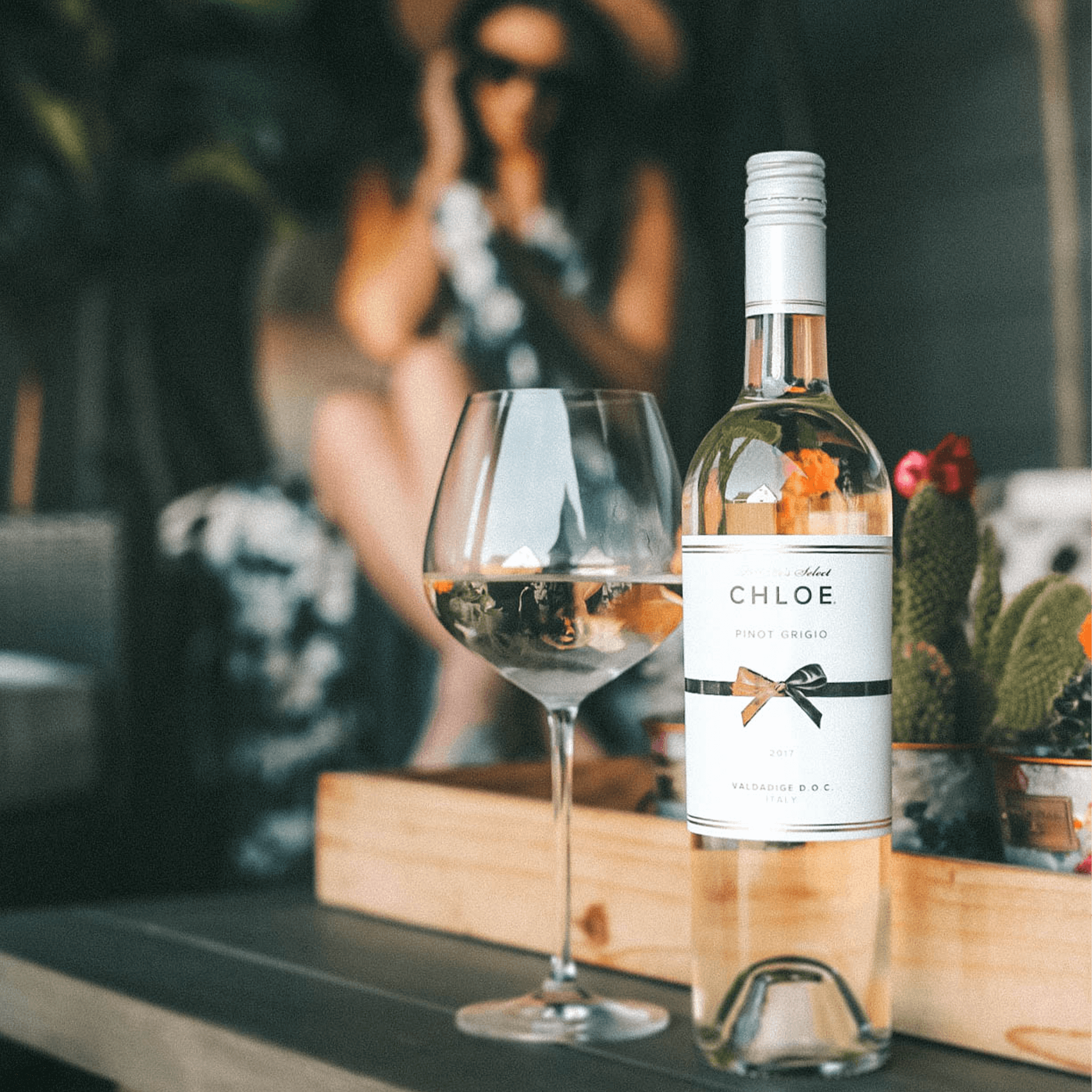 Chloe Pinot Grigio wine bottle and glass on a table with succulent plants in a stylish outdoor setting.