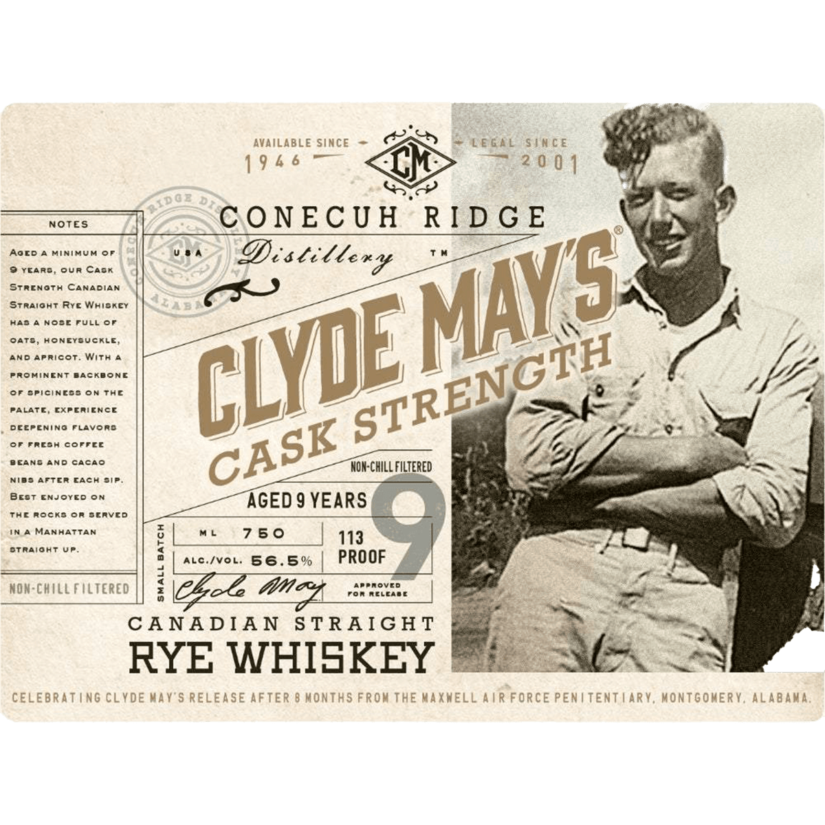 Clyde May's 9 Year Cask Strength Rye Whiskey label featuring rich, Southern heritage and aged complexity.