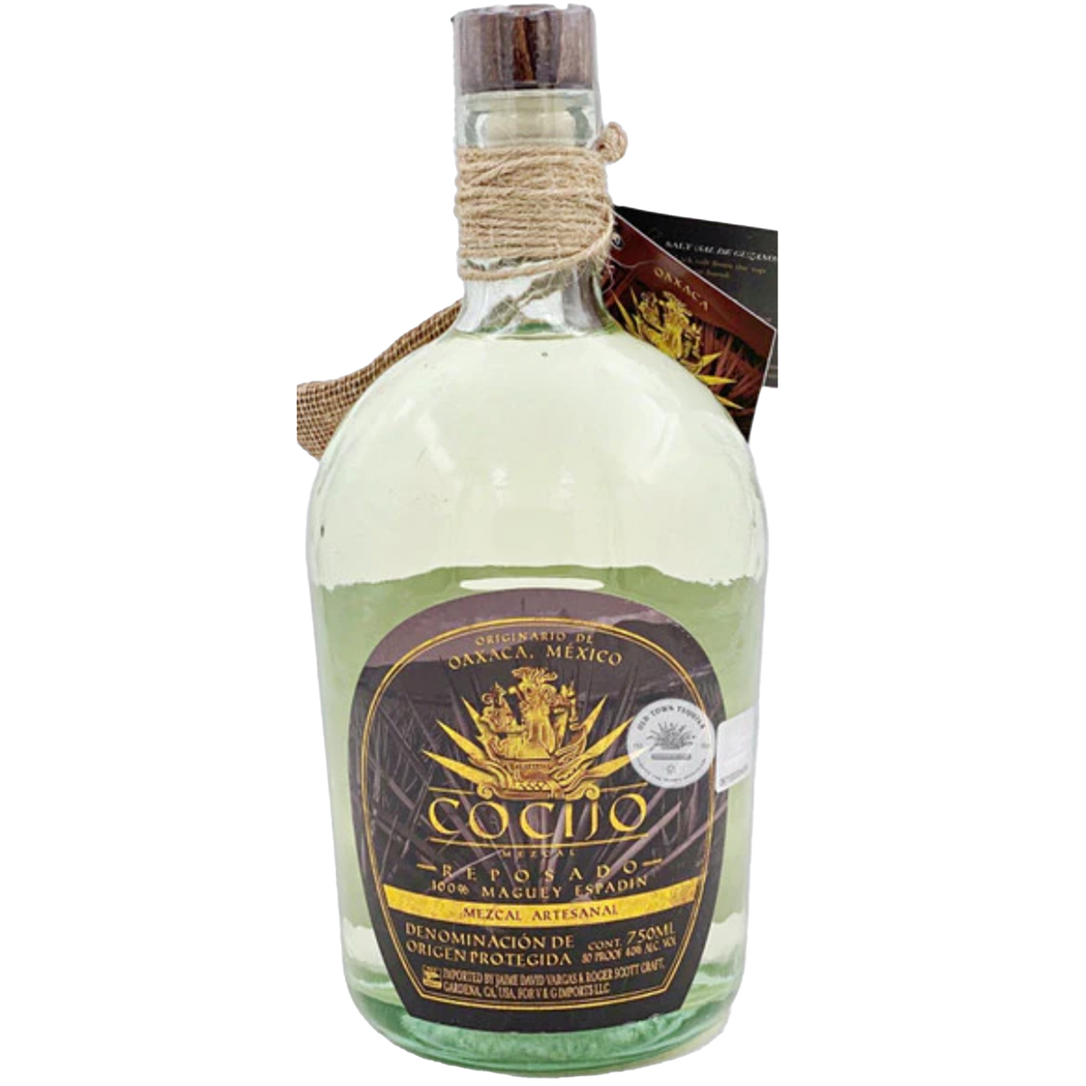 Cocijo Reposado Maguey Espadín mezcal bottle, aged 8 months, crafted from agave in Oaxaca, celebrating friendship and life.
