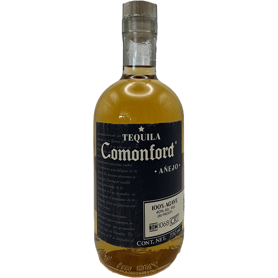 Comonford Añejo tequila bottle, 100% agave, aged in oak barrels, 80 proof, ideal for sipping.