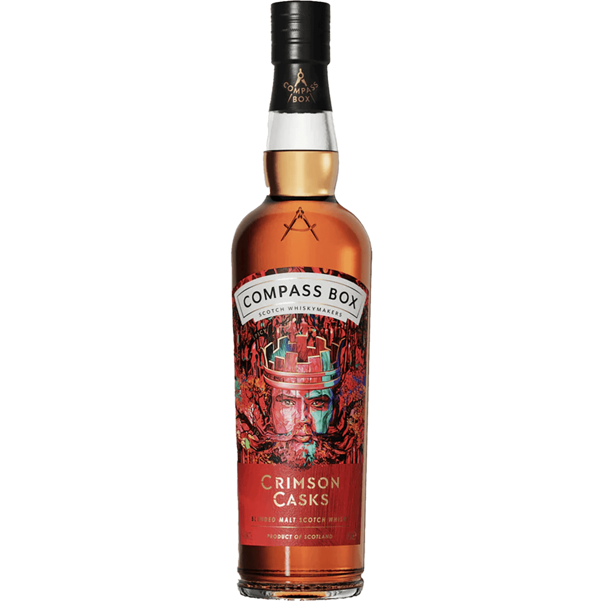 Compass Box Crimson Casks blended malt Scotch whisky bottle featuring vibrant artwork and rich amber color.