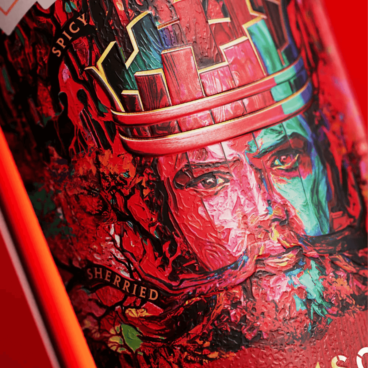Close-up of Compass Box Crimson Casks bottle label featuring vibrant artwork and sherry notes.