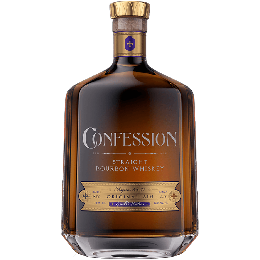 Confession Whiskey Straight Bourbon Chapter No. 1 Limited Edition by Burnt Church Distillery bottle with gold and purple design.