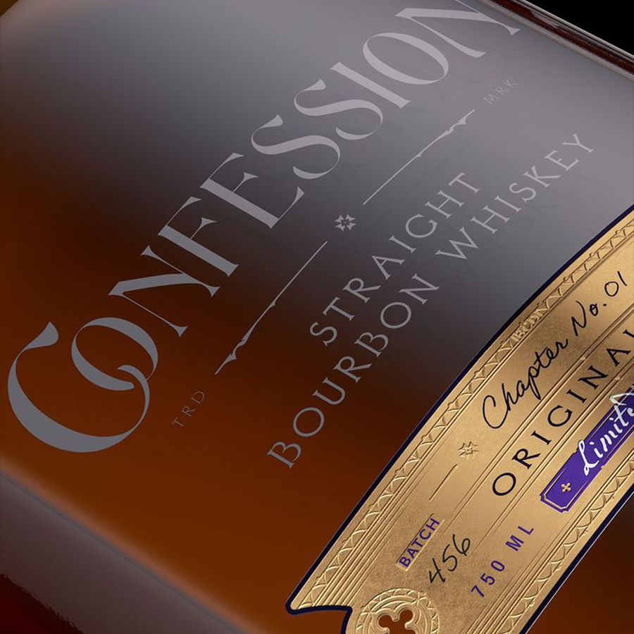 Confession Whiskey Straight Bourbon Chapter No. 1 Limited Edition by Burnt Church Distillery bottle close-up with label