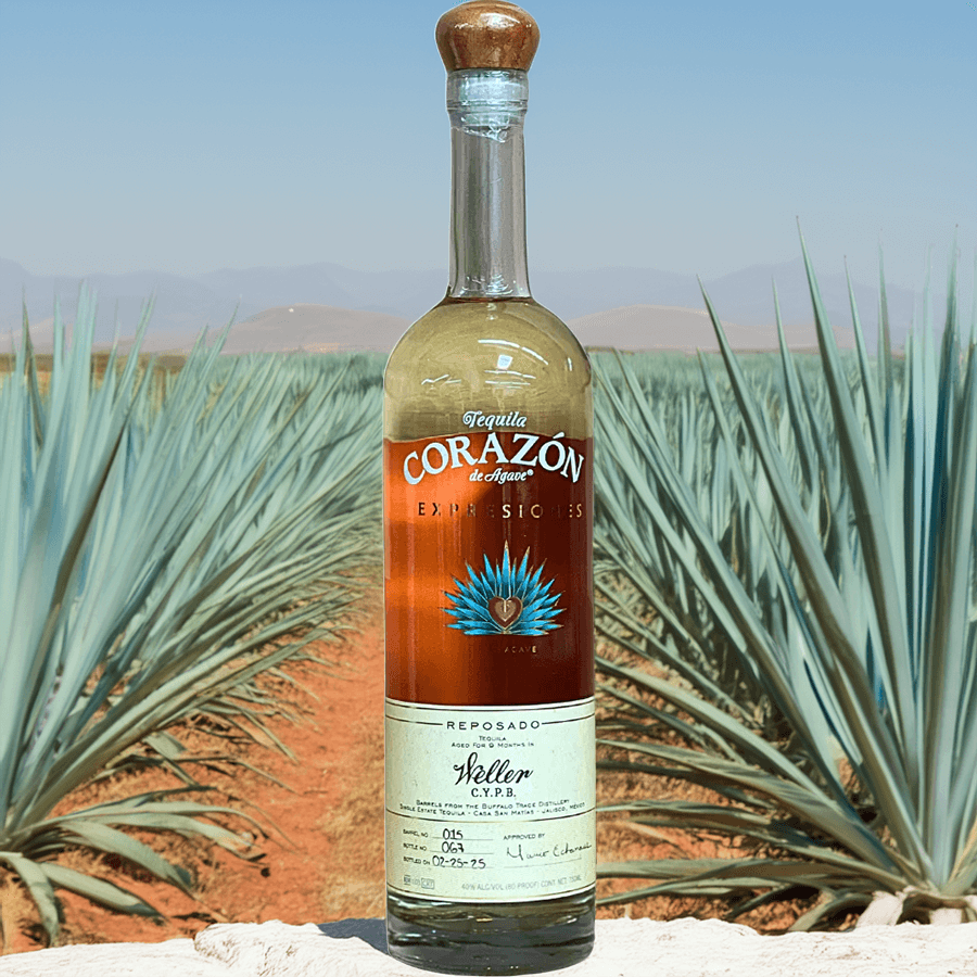 Corazon Expresiones Weller C.Y.P.B. Reposado Tequila bottle in an agave field.