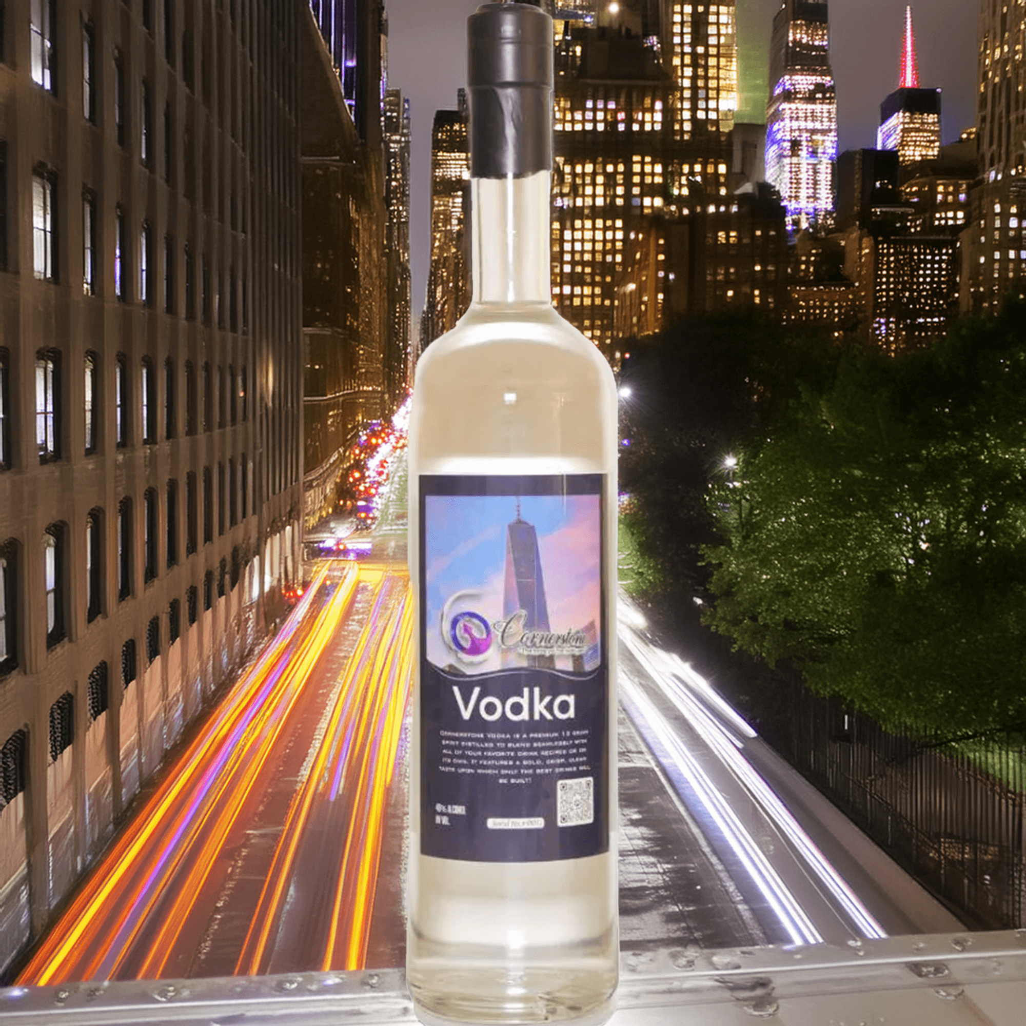 Cornerstone Vodka bottle illuminated at night in a vibrant cityscape, showcasing its clean and smooth design.